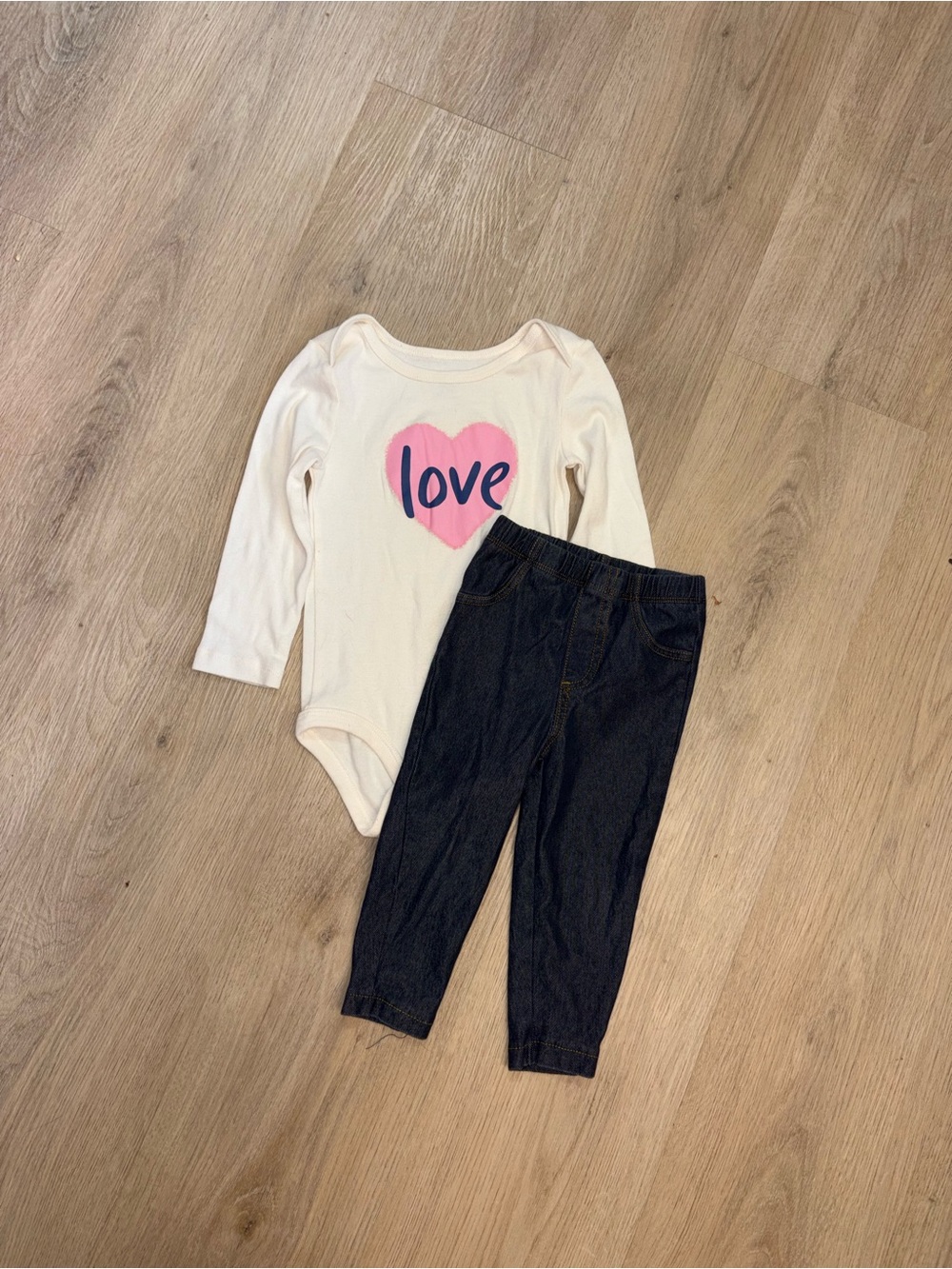 Joe Fresh Cream Long-Sleeve Bodysuit with Pink Heart and Navy Leggings